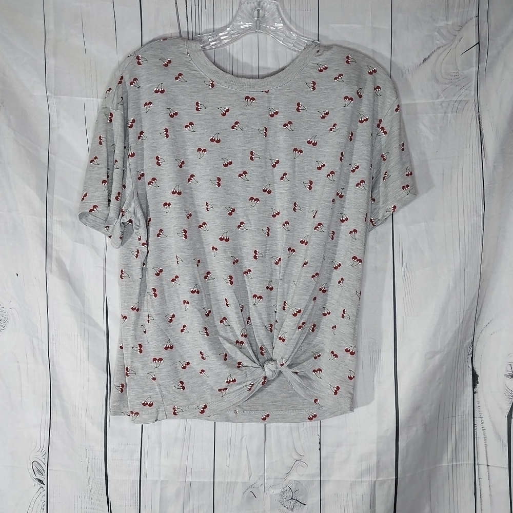 Belle Du Jour Gray Cherry Print Tie Front Casual Crew Neck Y2K Style Shirt